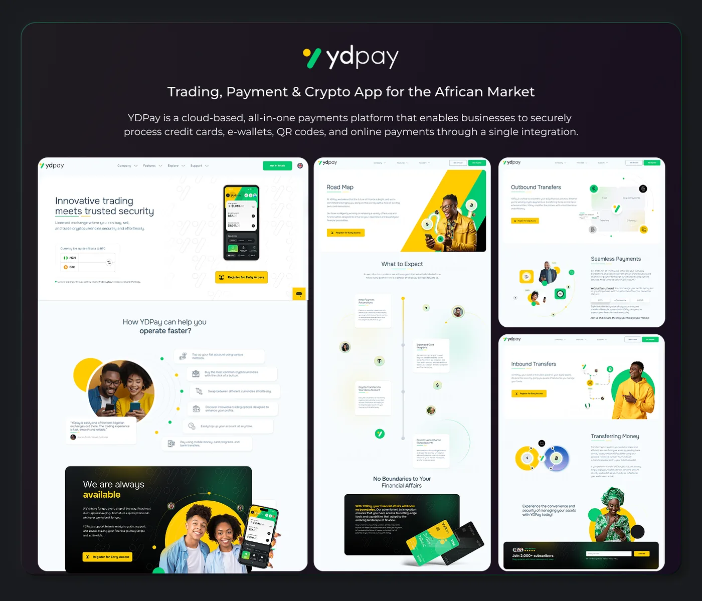 YDpay promotional webpage showing trading, payment, and crypto app features for the African market, including secure trading, a roadmap of upcoming features, outbound and inbound transfer options, and customer support visuals with people using mobile devices.