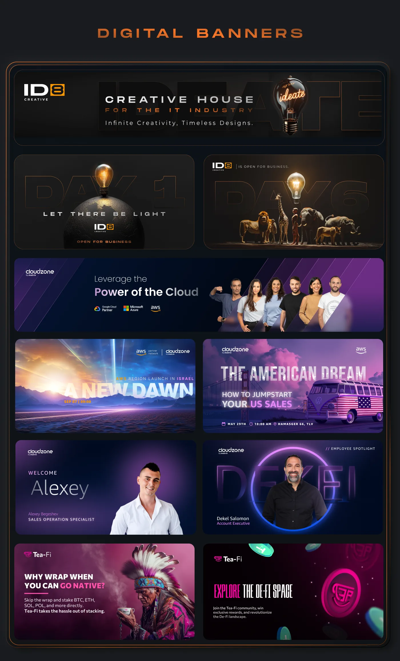 Collage of digital banners including ID8 Creative with lightbulbs and animals, Cloudzone ads on cloud computing and sales events, employee spotlights for Alexey and Dekel Salomon, and Tea-Fi banners promoting native crypto staking and exploring De-Fi space.
