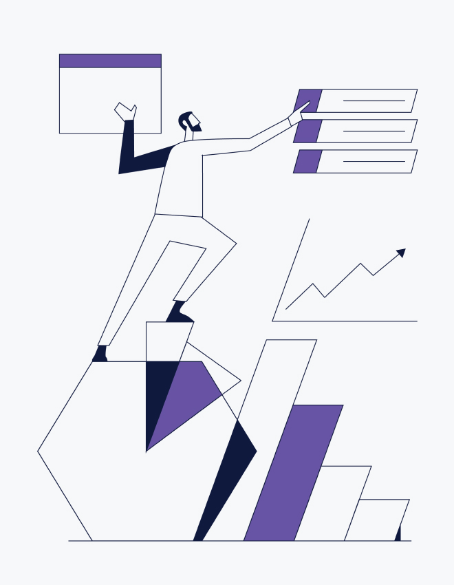 Ilustração de homem de pé em gráficos de barras, segurando uma janela no ar e organizando listas, com gráfico de linha crescente ao fundo.