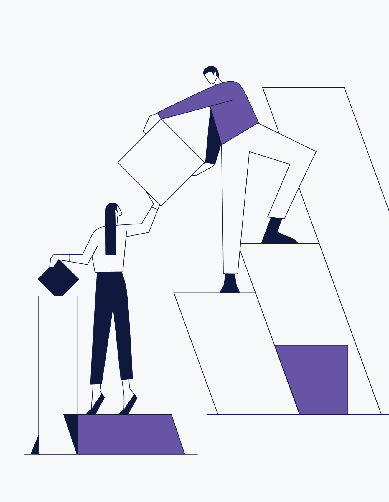 Ilustração de um homem e uma mulher colaborando para empilhar blocos retangulares, simbolizando trabalho em equipe.