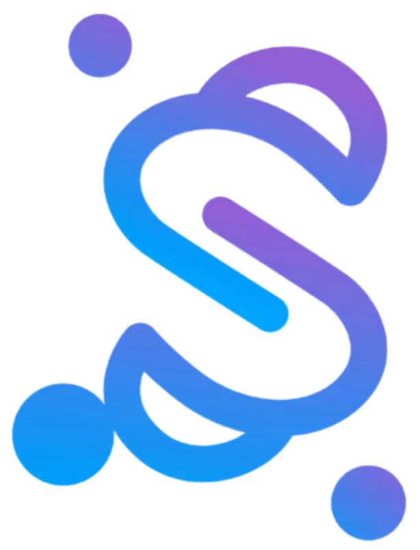 Abstract stylized letter S formed by interconnected blue and purple gradient curved shapes with three solid circles at the ends.