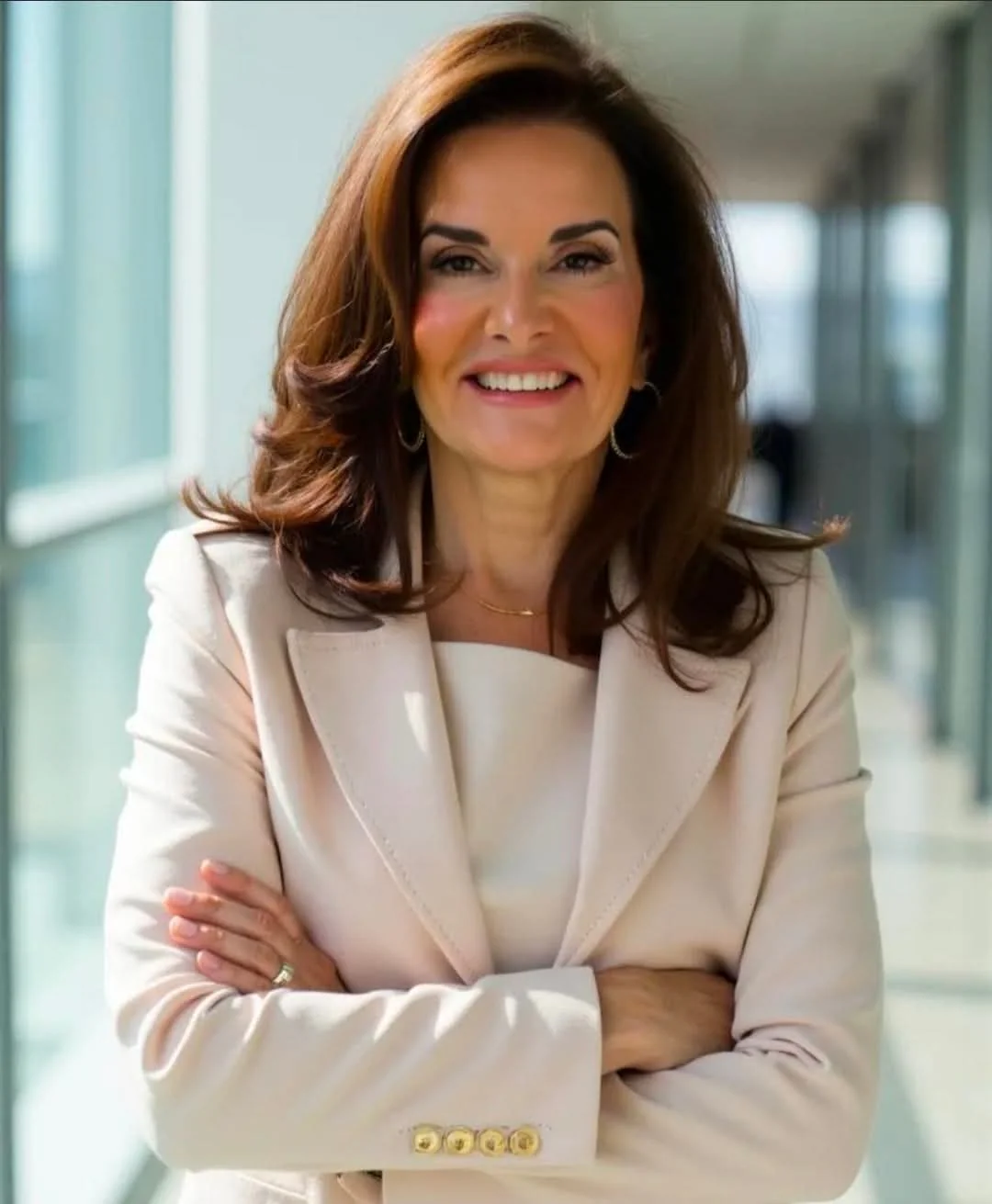 Smiling woman in cream-colored blazer and pants carrying a handbag walking in front of a black luxury car.
