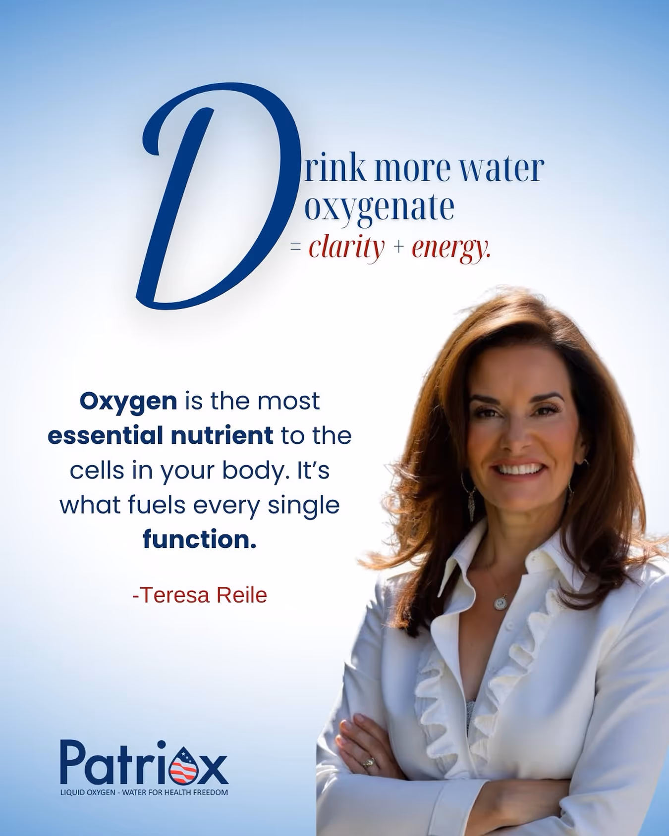 Smiling woman with crossed arms next to text encouraging drinking water for oxygenation and highlighting oxygen as an essential nutrient.