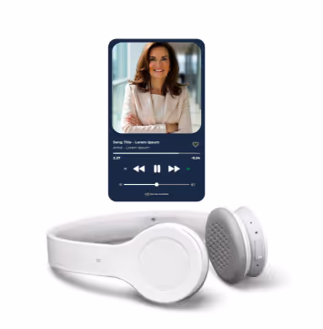 White wireless over-ear headphones below a music player interface showing a smiling woman with playback controls.
