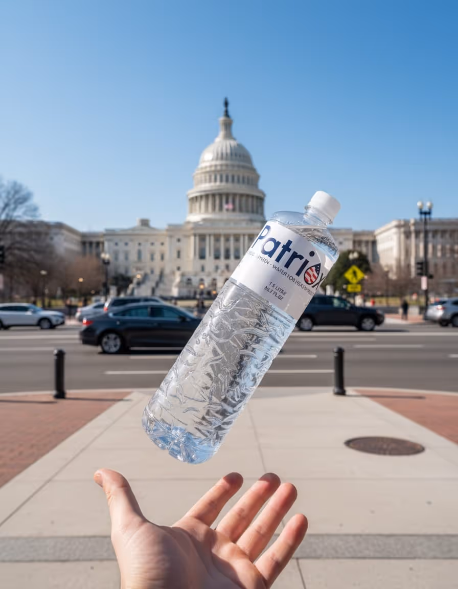 Hand tossing a clear plastic bottle of Patriot water in front of the Capitol building on a sunny day.