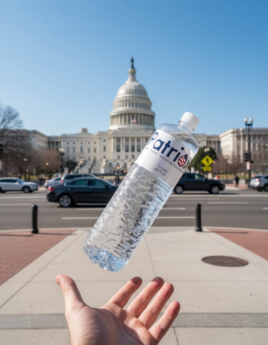 Hand tossing a clear plastic bottle of Patriot water in front of the Capitol building on a sunny day.