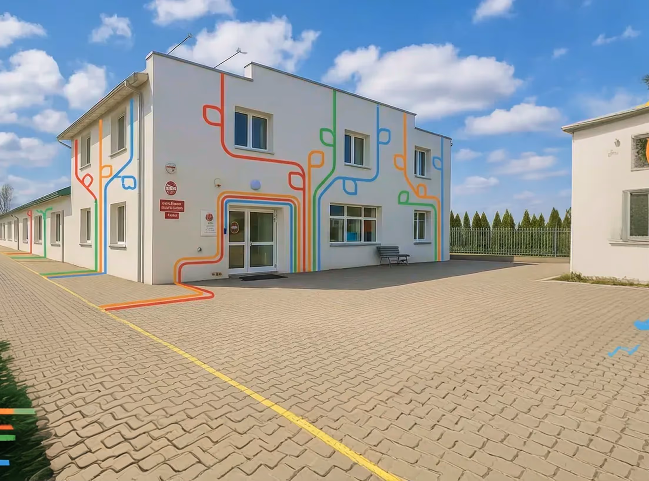 Modern white school building with colorful curved lines painted on the walls under a blue sky.