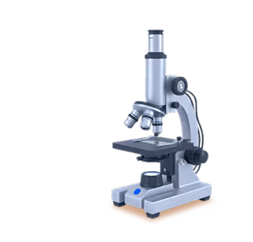 Gray and black compound microscope on a wooden surface with adjustable knobs and lenses.