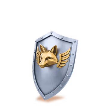 Silver shield with a golden fox head and wings emblem on a black background.