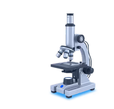 Modern gray microscope with adjustable lenses and stage on a blue shadowed white background.