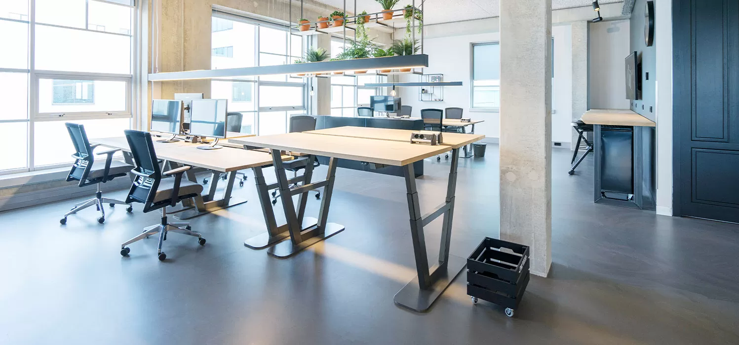 Modern, licht kantoor met grote houten bureaus, ergonomische stoelen, computerschermen en hangende plantenbakken.
