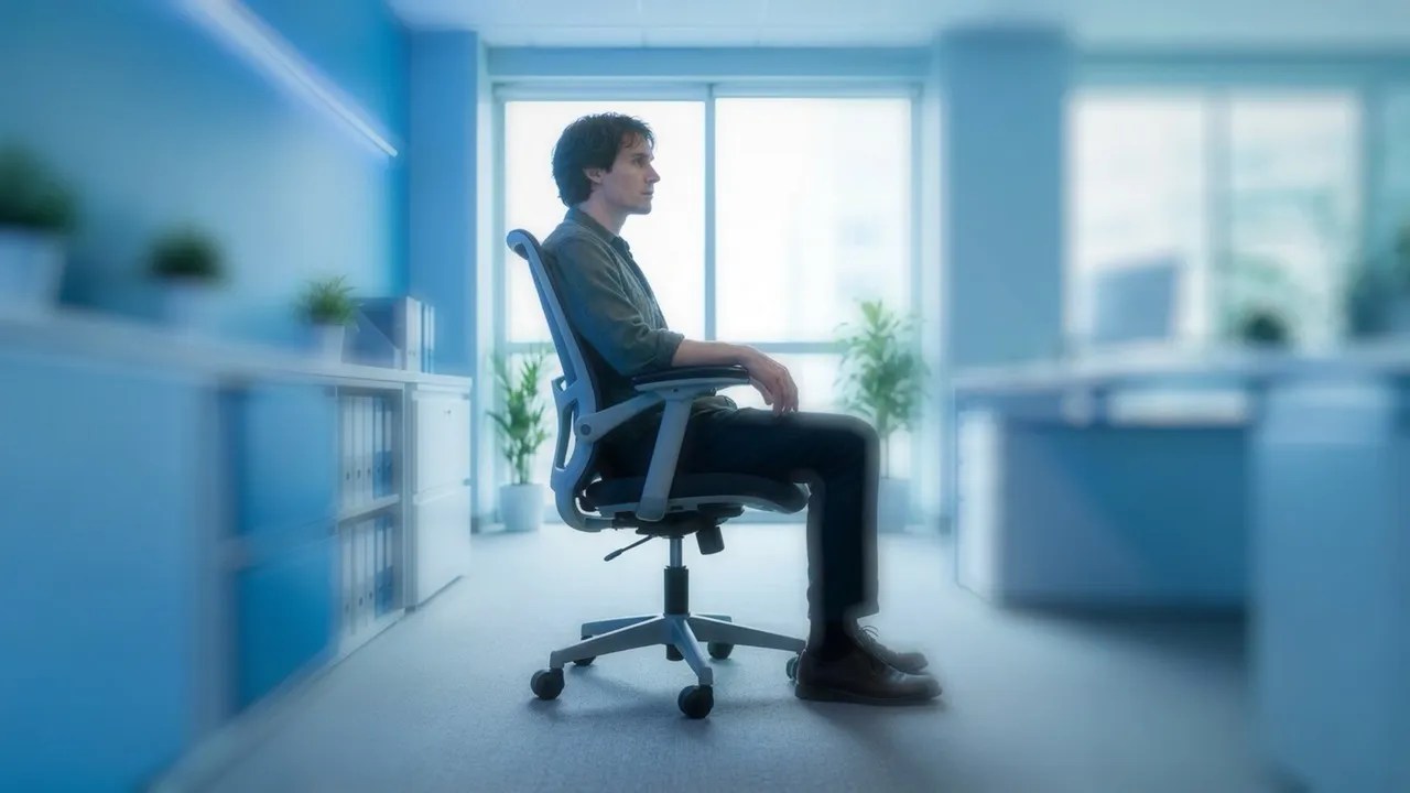 Man rechtop zittend in een bureaustoel in een modern kantoor met blauwe muren en grote ramen.