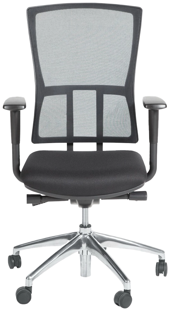 Zwarte ergonomische bureaustoel met mesh rugleuning, gewatteerde zitting, verstelbare armleuningen en een verrijdbaar onderstel.