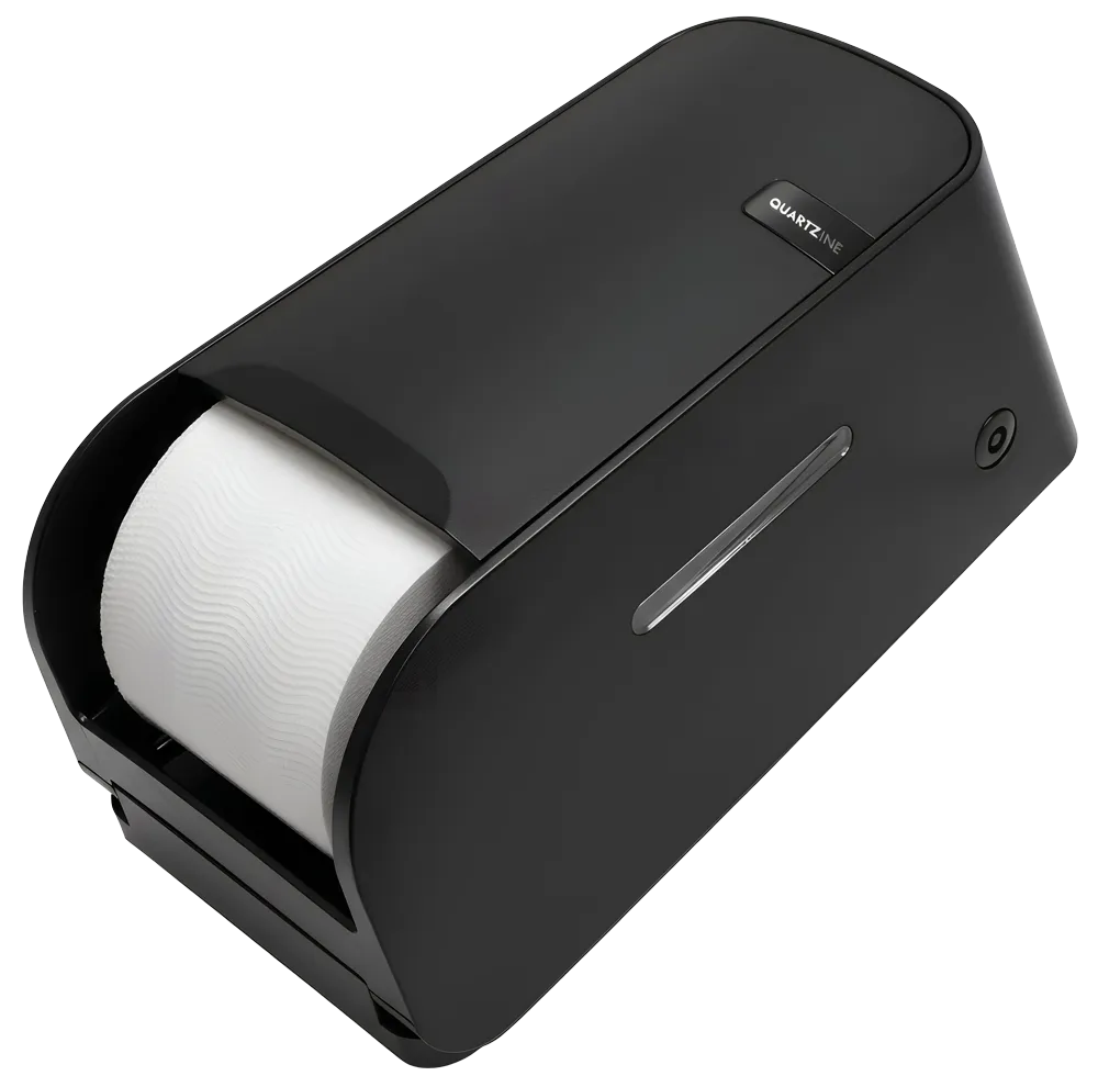 Zwarte quartz-lijn wc papier rol houder met een witte papierrol aan de binnenkant.