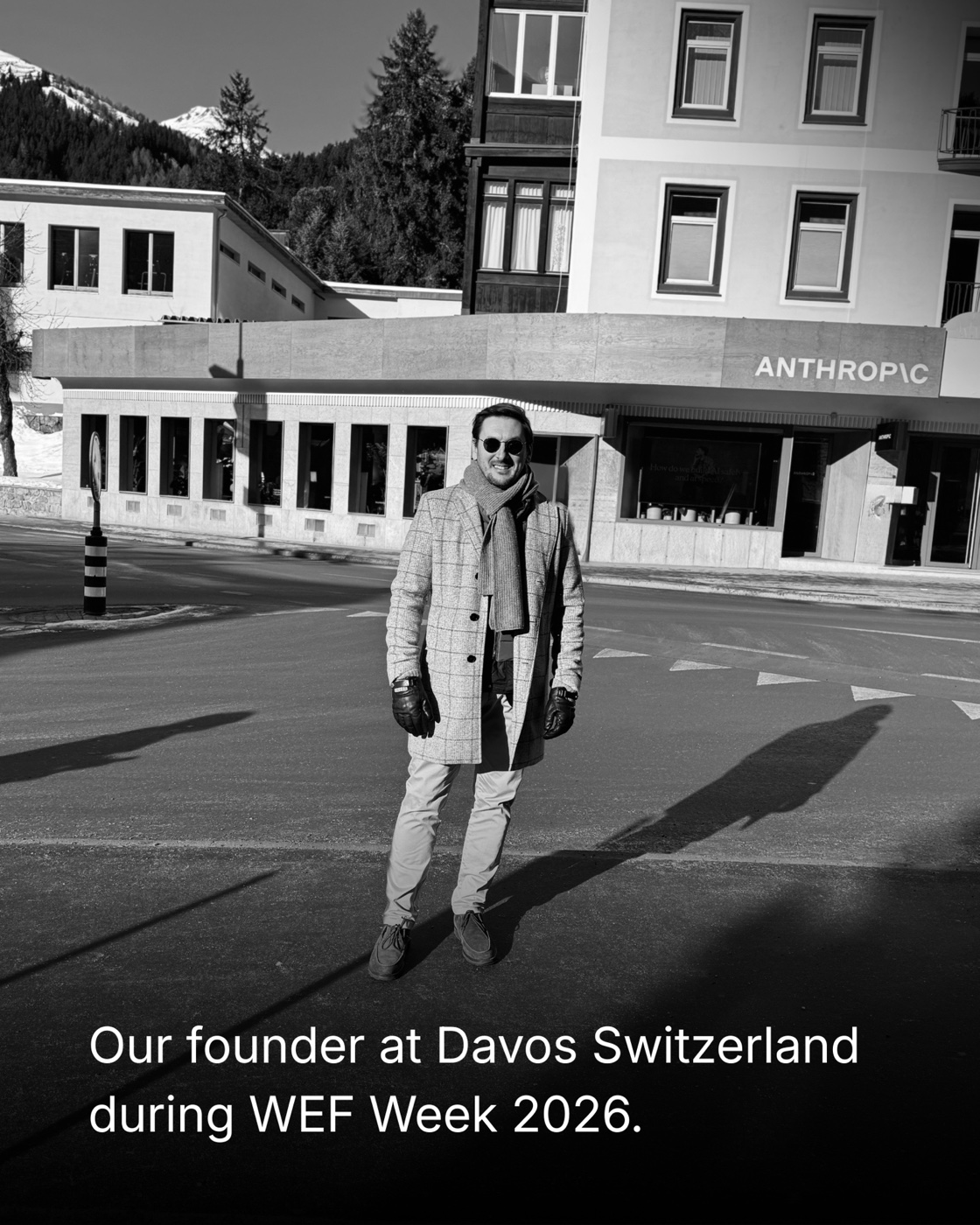 Dejan Georgiev standing in front of the Anthropic house in Davos during WEF week 2026