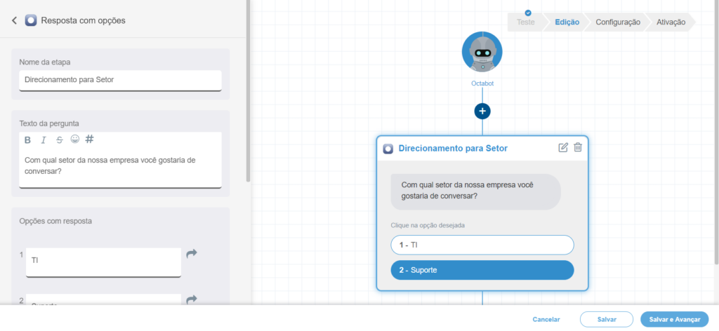 Configuração de resposta com opções para chatbot Octadesk