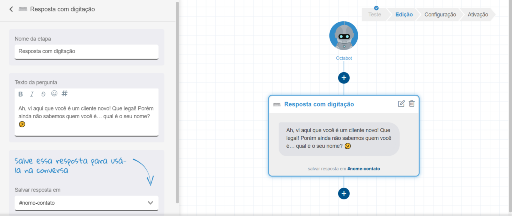 Configuração de resposta para chatbot Octadesk