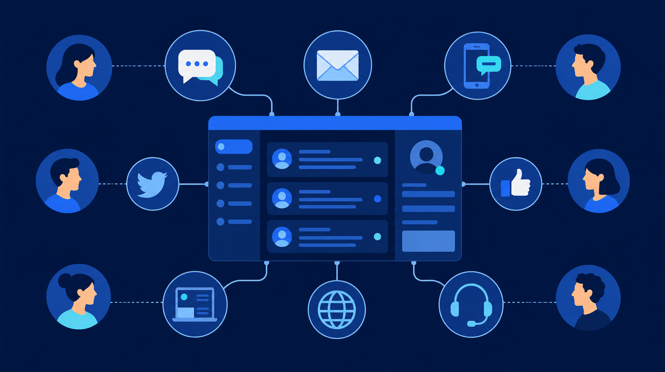 Ilustração flat de canais de atendimento omnichannel — mensagens, e-mail e redes sociais — conectados por linhas azuis a uma plataforma central, sobre fundo azul marinho