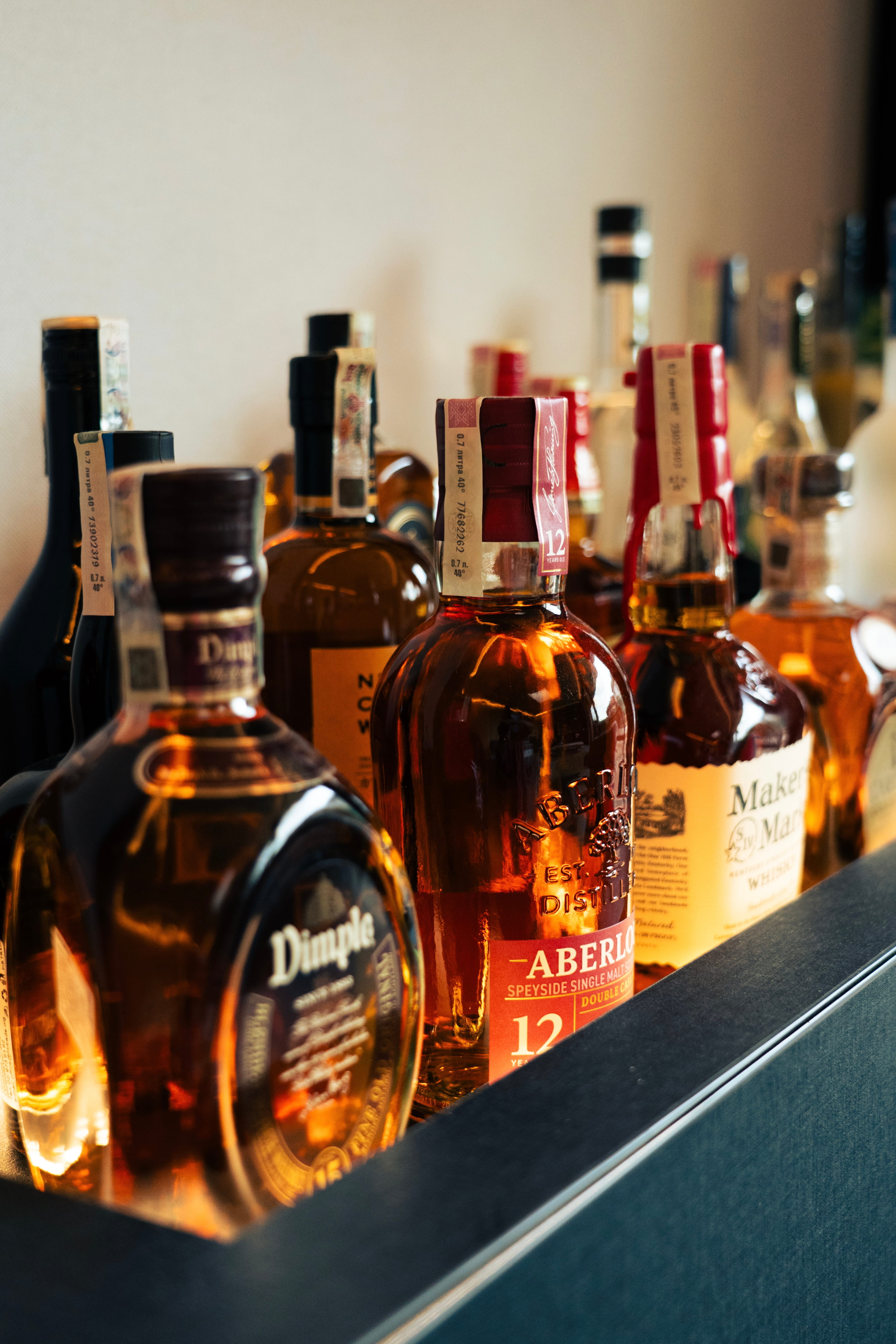 Bottles of various types of hard alcohol