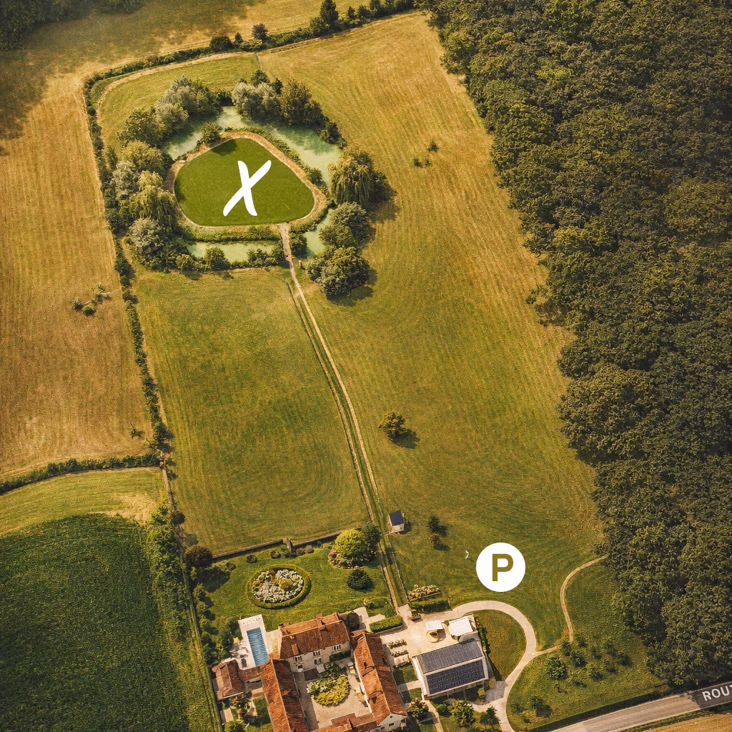 Aerial view of a large estate with multiple buildings, a swimming pool, manicured gardens, open grassy fields, and dense forest on the right side.