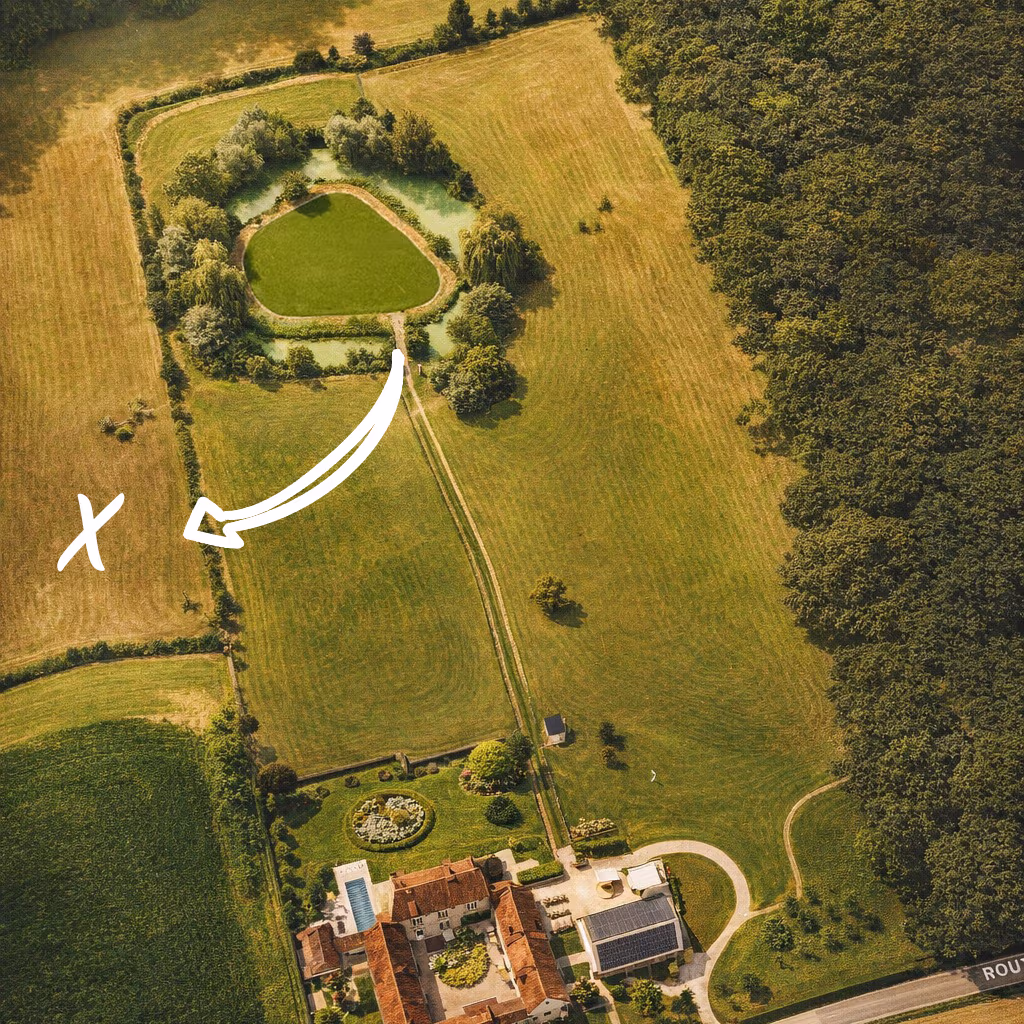 Aerial view of a countryside estate with a large house, swimming pool, gardens, surrounding fields, and forest.