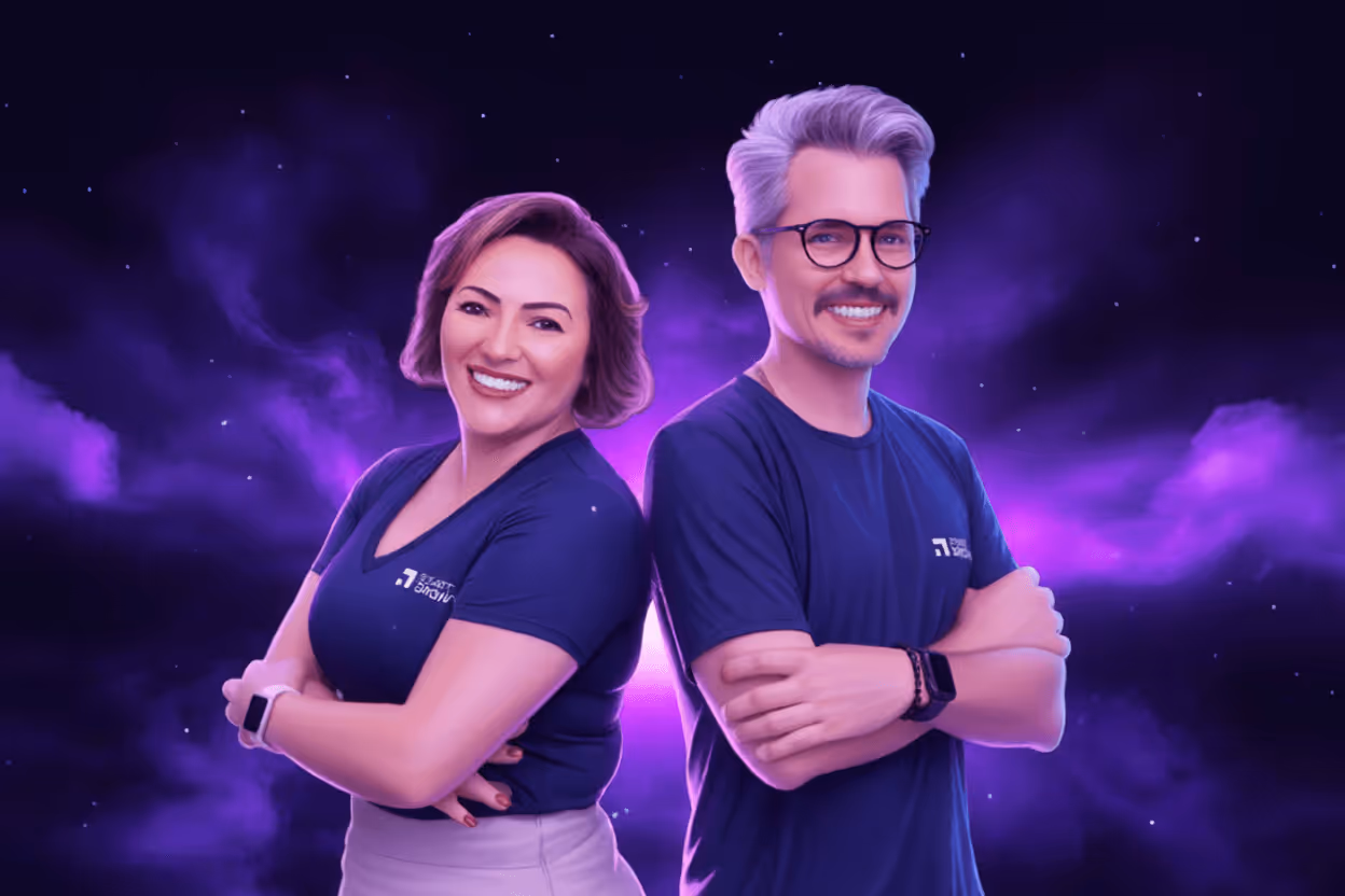 Mari Pertile e Carlos Castilho Jr. em um fundo de espaço sideral