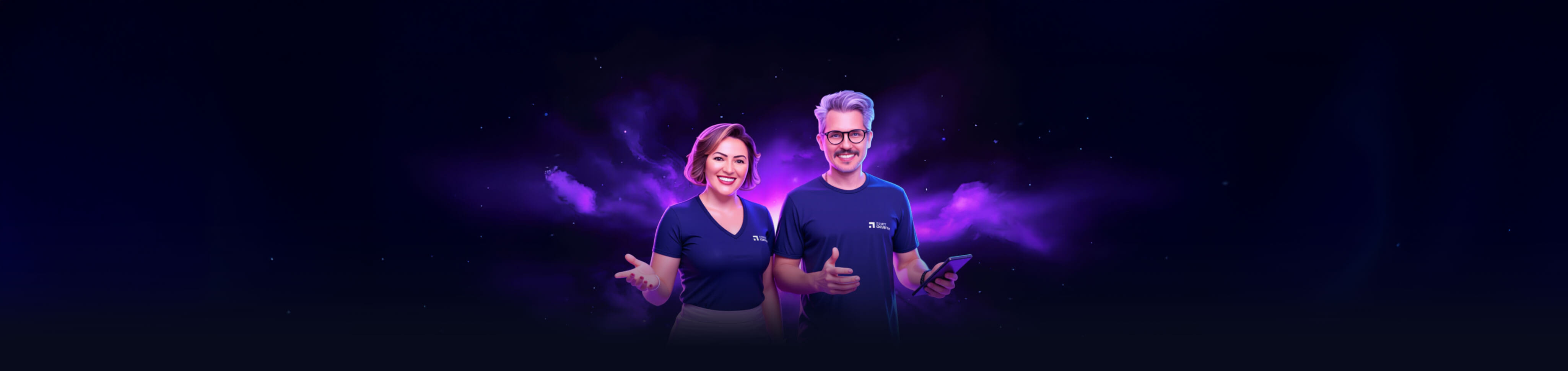 Mari Pertile e Carlos Castilho Jr. em um fundo de espaço sideral