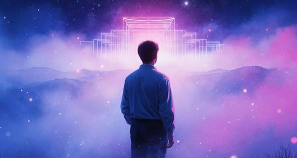 Homem de costas olhando para uma estrutura luminosa abstrata no céu estrelado e nevoeiro roxo.
