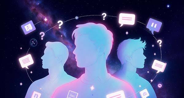 Ilustração de silhuetas de três pessoas em perfil e frente, cercadas por ícones de perguntas e falas no espaço estrelado.