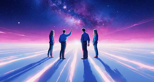 Quatro pessoas olhando para o céu estrelado com uma galáxia visível e horizontes brilhantes.