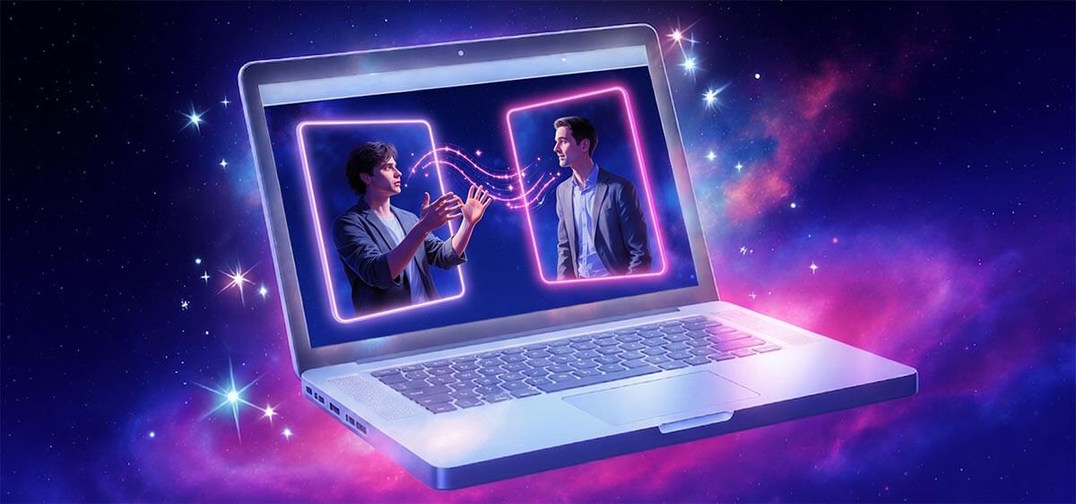 Ilustração de laptop aberto com duas pessoas em videochamada conectadas por linhas de luz no espaço estrelado.