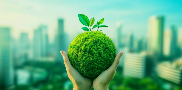 Hands holding a green moss ball with a small plant sprouting, with a blurred city skyline in the background.