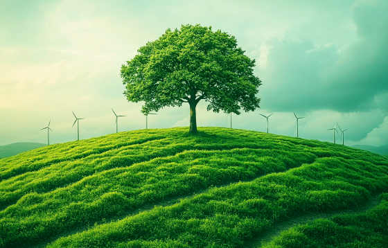 A single lush green tree atop a rolling hill with vibrant green grass and wind turbines in the background under a cloudy sky.