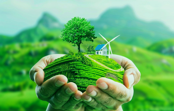 Hands holding a miniature green landscape with a tree, a small house with solar panels, and a wind turbine.