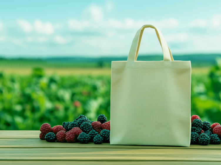 Beige canvas tote bag standing on a wooden surface surrounded by fresh blackberries and raspberries with a blurred green field background.