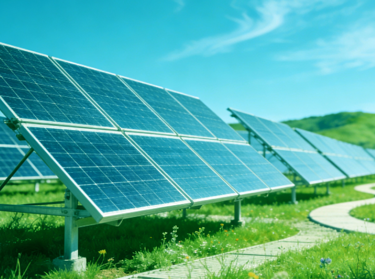 Rows of solar panels installed on green grassy field under a blue sky with hills in the background.