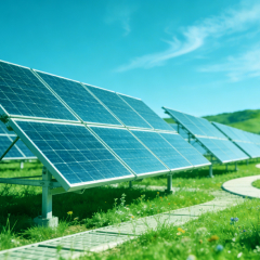 Solar panels installed on a grassy field under a bright blue sky with scattered clouds.
