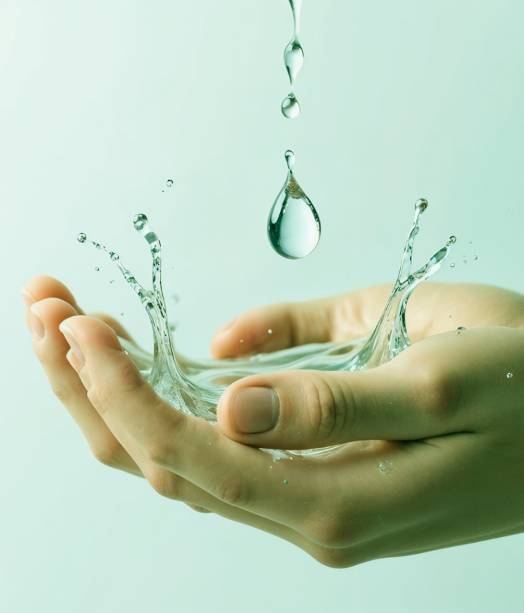 Close-up of cupped hands catching a falling water droplet creating a splash.