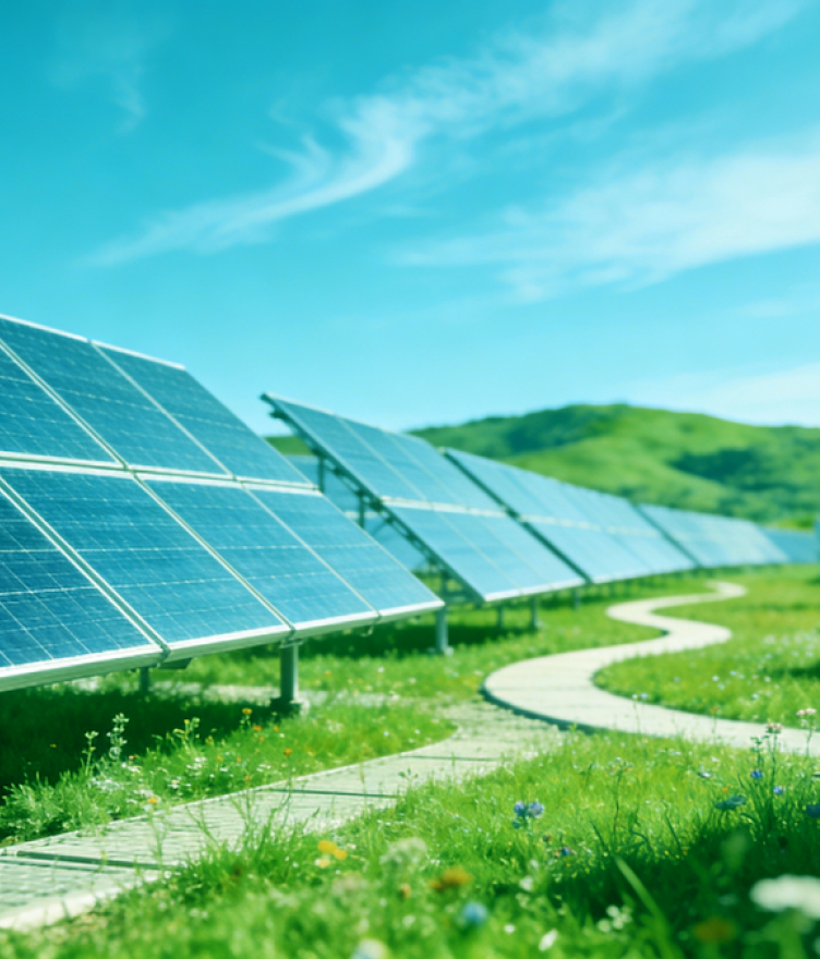 Solar panels installed on green grass field with a winding path and hills under a bright blue sky.