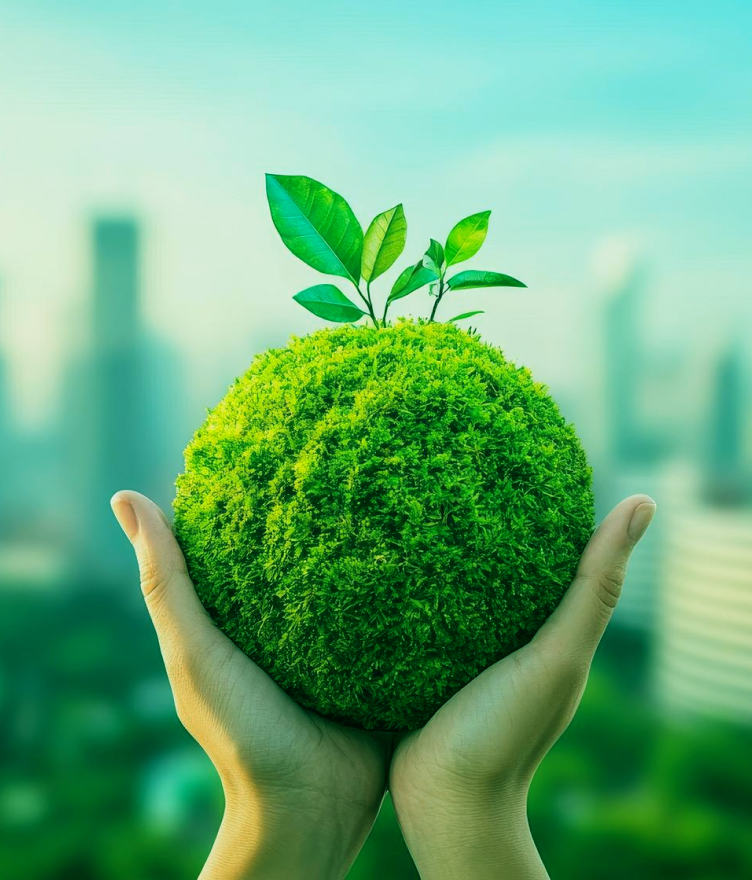 Hands holding a green moss ball with small leafy plants growing on top, with a blurred cityscape background.