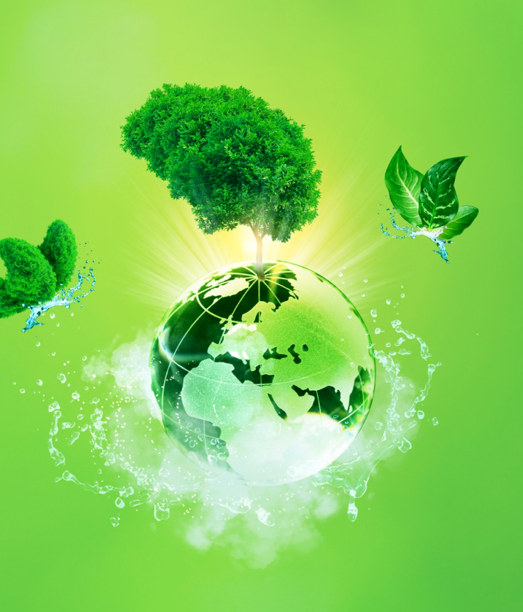 Green Earth with a tree growing from the top, surrounded by water splashes and floating green leaves on a bright green background.