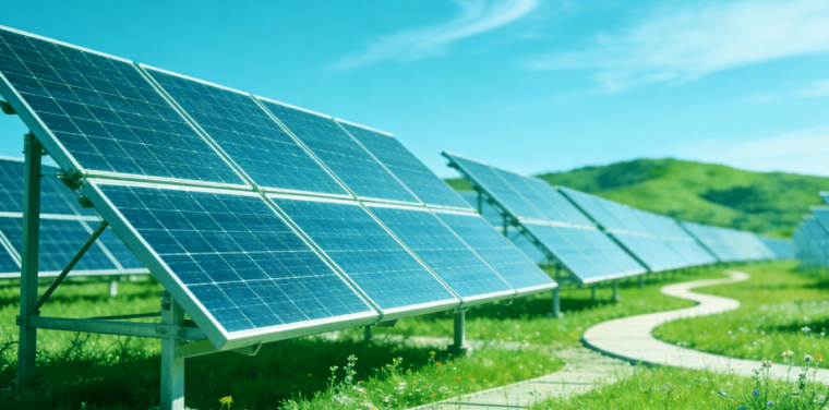 Hands holding a green moss ball with a small plant sprouting, with a blurred city skyline in the background.