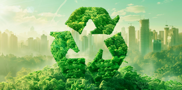 Hands holding a green moss ball with a small plant sprouting, with a blurred city skyline in the background.