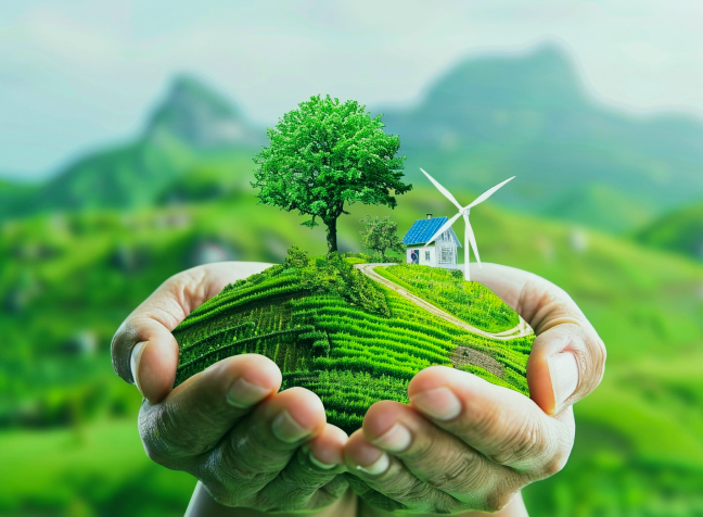 Hands holding a small green landscape with a tree, a house with solar panels, and a wind turbine.