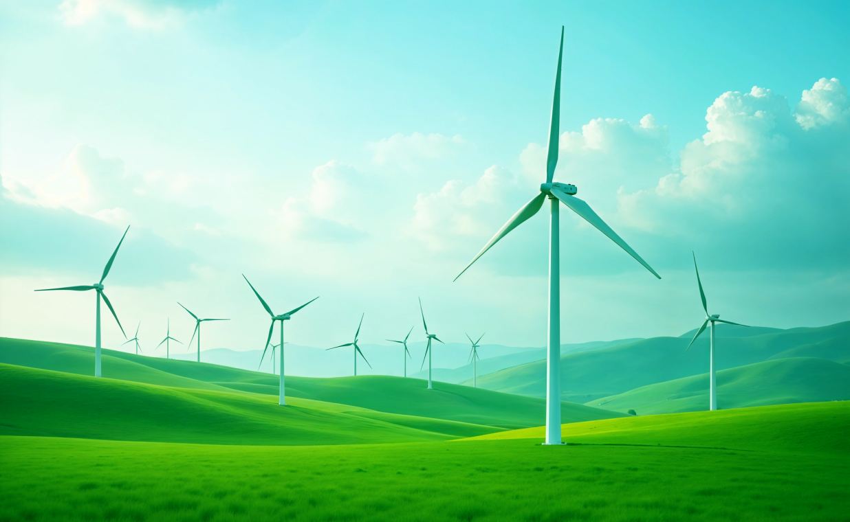 Wind turbines spread across green rolling hills under a partly cloudy sky.