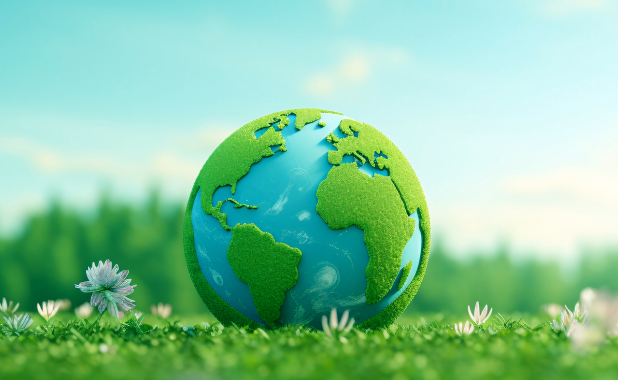 Green globe with European and African continents surrounded by water splashes, a large tree on top, and green leaves shaped like a butterfly against a green background.