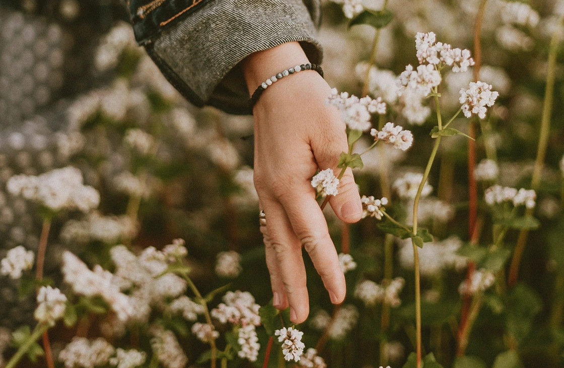 Hand with a beaded bracelet gently touching white wildflowers in a field.
