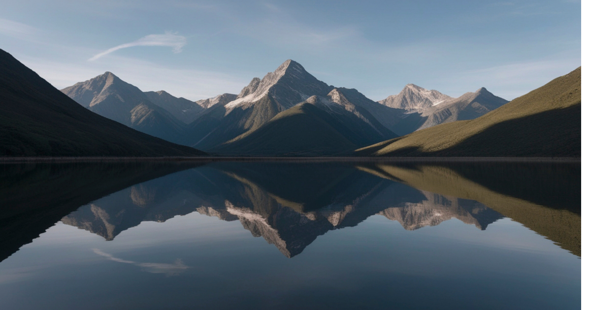 Mountain range with peaks reflected in calm lake water under a clear sky.