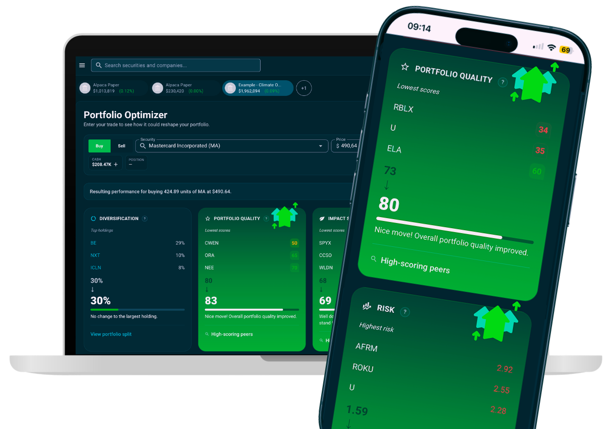 The Ziggma Portfolio Optimizer lets investors simulate a trade and instantly see how it would reshape their portfolio's diversification, quality, impact, and risk scores — shown here on desktop and mobile.
