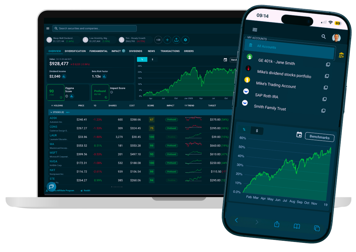 Portfolio tracking dashboard showing performance and diversification